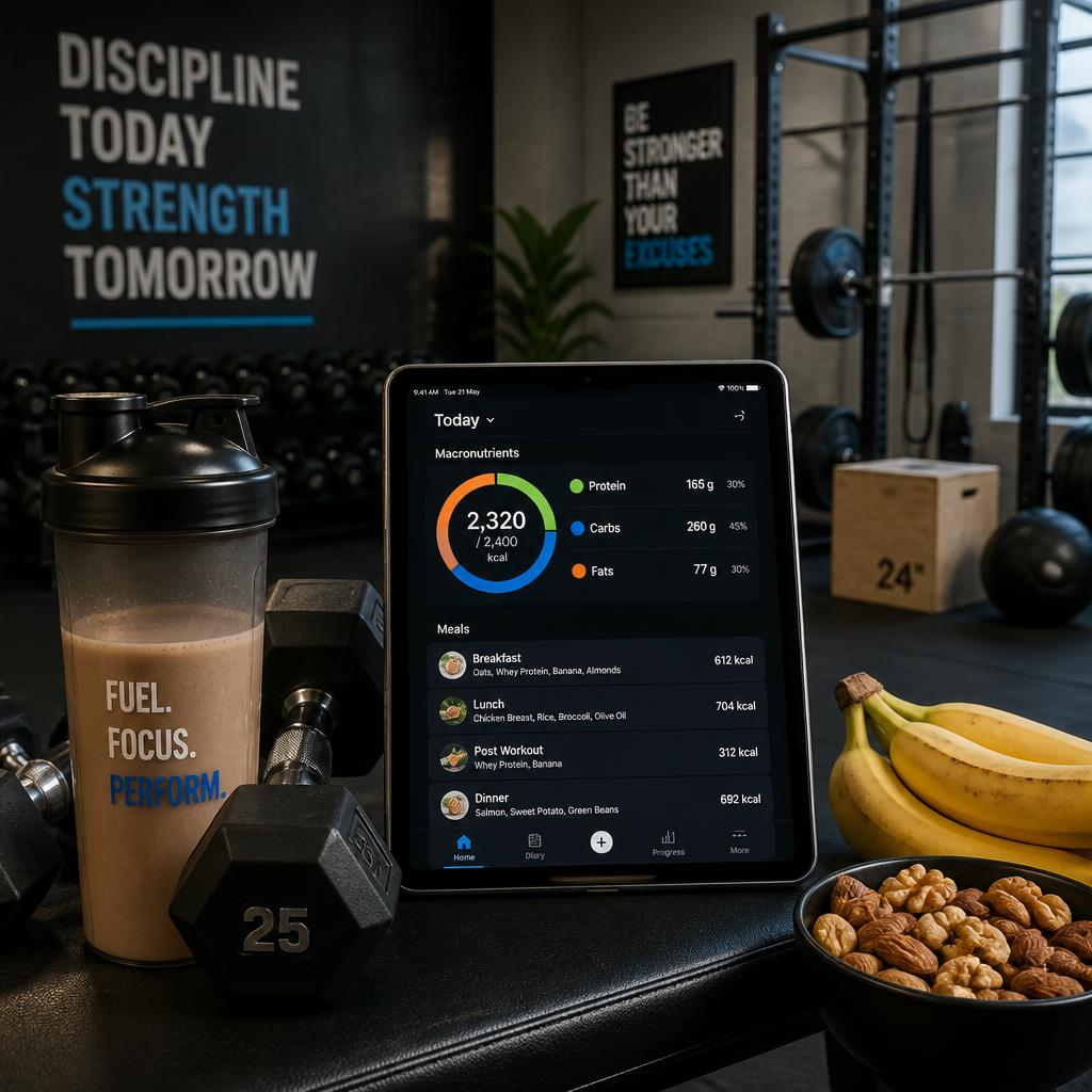 A gym training setup with dumbbells, a shaker bottle with protein shake, nuts, bananas, and a digital tablet displaying a macronutrient tracking app, motivational fitness studio background