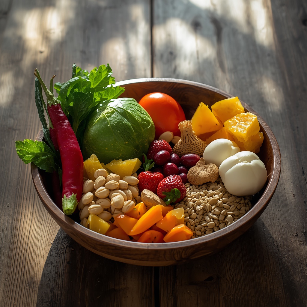 A vibrant bowl of fresh organic vegetables, fruits, nuts, and seeds arranged on a rustic wooden table with natural sunlight streaming in, macro food photography style